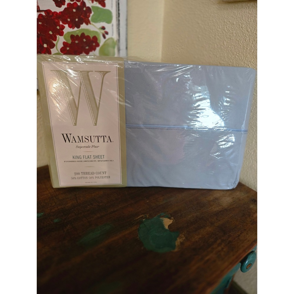 Wamsutta Supercale Plus King Flat Sheet Light Blue 200 TC Percale Made in USA